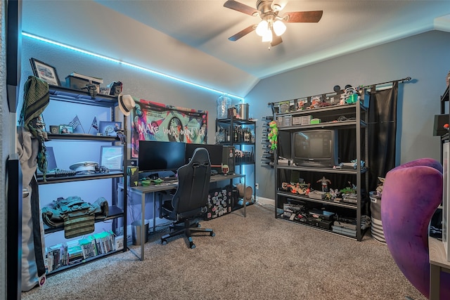 office featuring carpet floors, vaulted ceiling, and ceiling fan