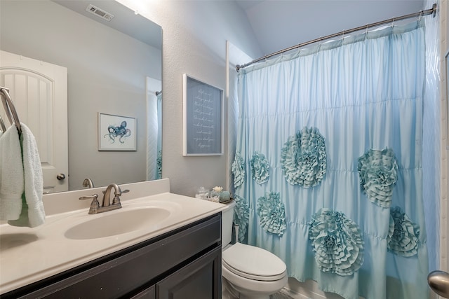 bathroom with vaulted ceiling, vanity, a shower with curtain, and toilet