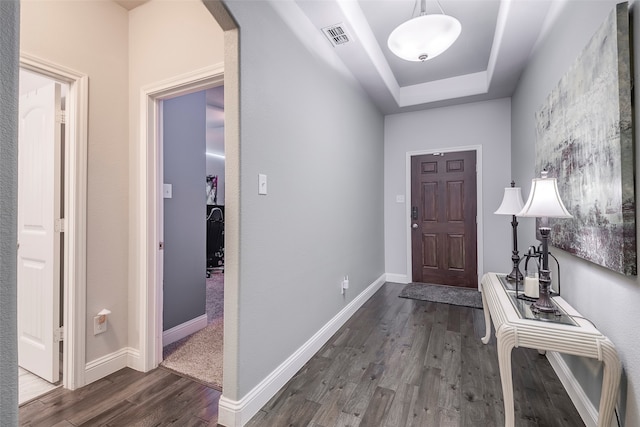 entryway with a tray ceiling and dark wood-type flooring