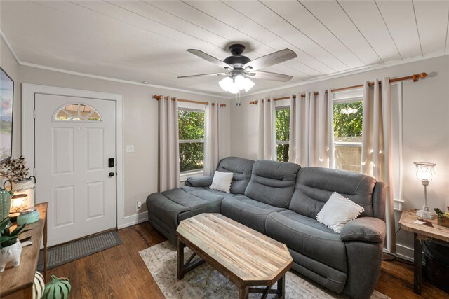 505 S Boyd, Lindale, TX 75771 - living area featuring baseboards, wood finished floors, ceiling fan, and ornamental molding