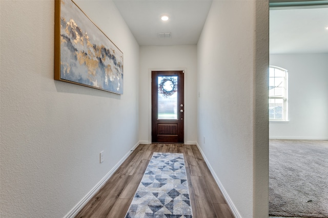 entryway with hardwood / wood-style floors