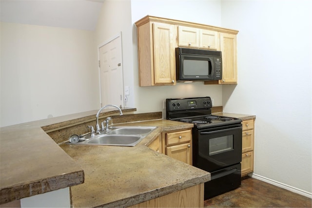 kitchen featuring a sink, light brown cabinetry, black appliances, and a peninsula