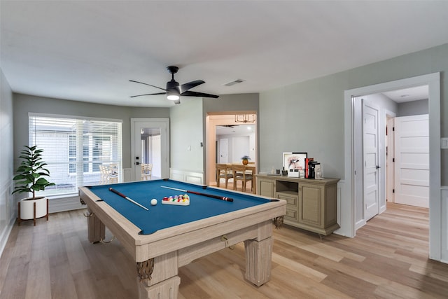 2625 Mollimar Dr, Plano, TX 75075 - rec room featuring visible vents, ceiling fan, light wood-style floors, and pool table