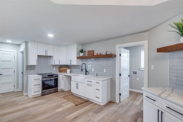 2625 Mollimar Dr, Plano, TX 75075 - kitchen with a sink, light wood-style floors, open shelves, stainless steel range with electric cooktop, and backsplash