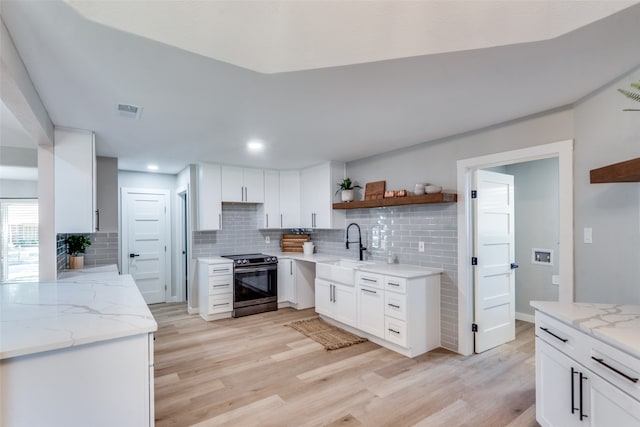 kitchen featuring white cabinetry, stainless steel electric range oven, and light hardwood / wood-style flooring