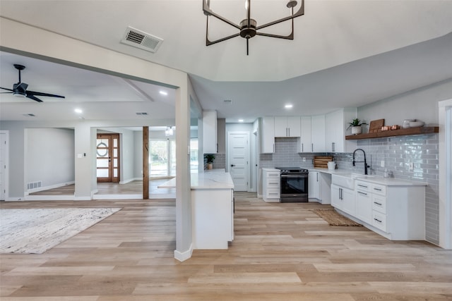 kitchen featuring electric range oven, white cabinetry, light hardwood / wood-style floors, and sink