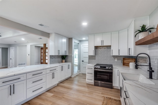 kitchen with stainless steel electric range, light hardwood / wood-style floors, white cabinetry, and backsplash