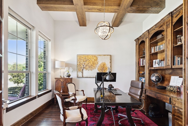 office featuring coffered ceiling, beamed ceiling, dark hardwood / wood-style floors, and a chandelier