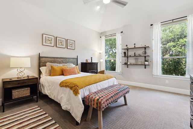 carpeted bedroom featuring ceiling fan and multiple windows