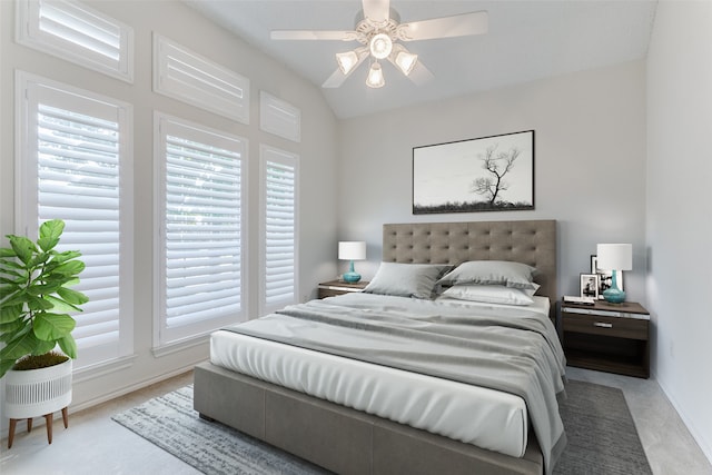 carpeted bedroom featuring vaulted ceiling and ceiling fan