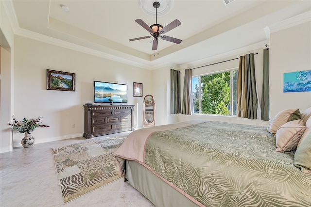 bedroom with a tray ceiling, ceiling fan, crown molding, and light tile patterned floors