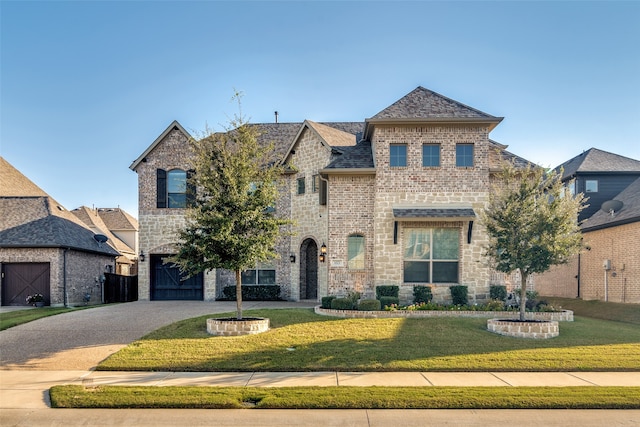 view of front of house featuring a front lawn and a garage