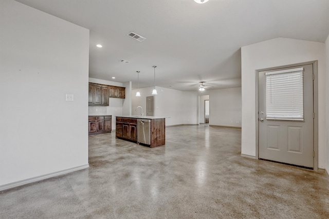 kitchen with ceiling fan, decorative light fixtures, a center island with sink, sink, and stainless steel dishwasher