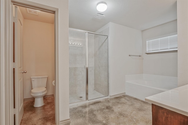 full bathroom with a textured ceiling, vanity, toilet, and shower with separate bathtub