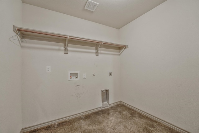 clothes washing area featuring carpet floors, hookup for an electric dryer, gas dryer hookup, and hookup for a washing machine