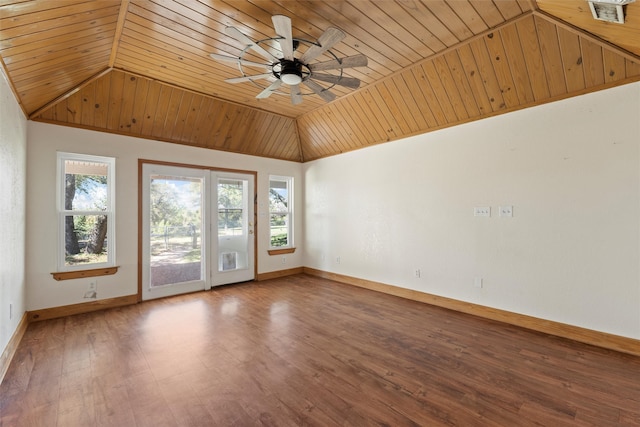 unfurnished room featuring wood ceiling, wood-type flooring, vaulted ceiling, and ceiling fan