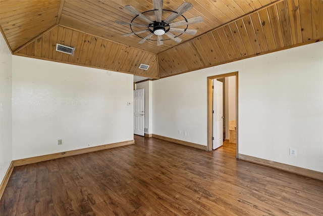 unfurnished room with ceiling fan, hardwood / wood-style flooring, lofted ceiling, and wooden ceiling