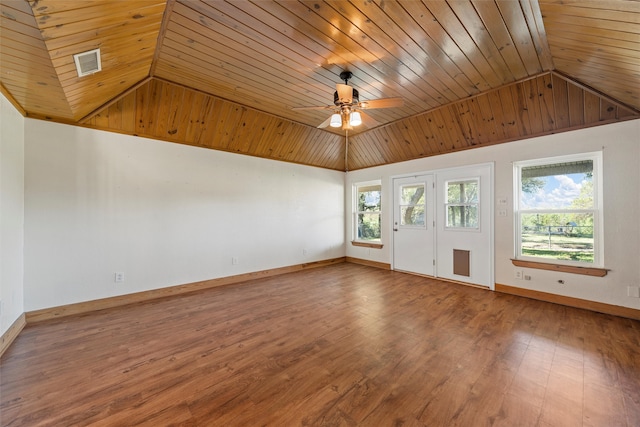 unfurnished room featuring ceiling fan, vaulted ceiling, wood ceiling, and hardwood / wood-style floors