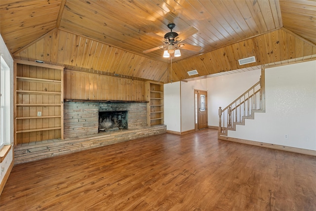 unfurnished living room featuring wood ceiling, wood-type flooring, vaulted ceiling, ceiling fan, and built in features