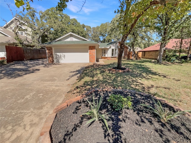 ranch-style home with a garage and a front lawn