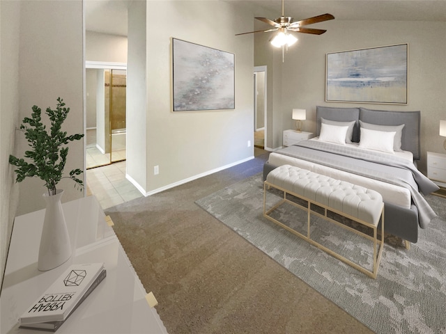 carpeted bedroom with ceiling fan, ensuite bath, and vaulted ceiling