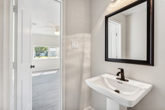 bathroom featuring ceiling fan, wood-type flooring, and sink