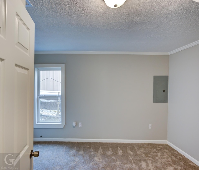 empty room featuring a textured ceiling, electric panel, ornamental molding, and carpet flooring