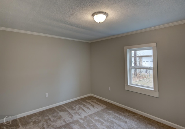 carpeted empty room featuring a textured ceiling, crown molding, and a healthy amount of sunlight