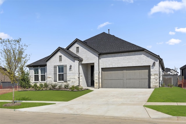 view of front of property featuring a front lawn and a garage