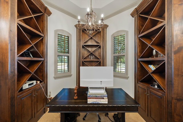 wine room featuring a chandelier, light tile patterned floors, and crown molding