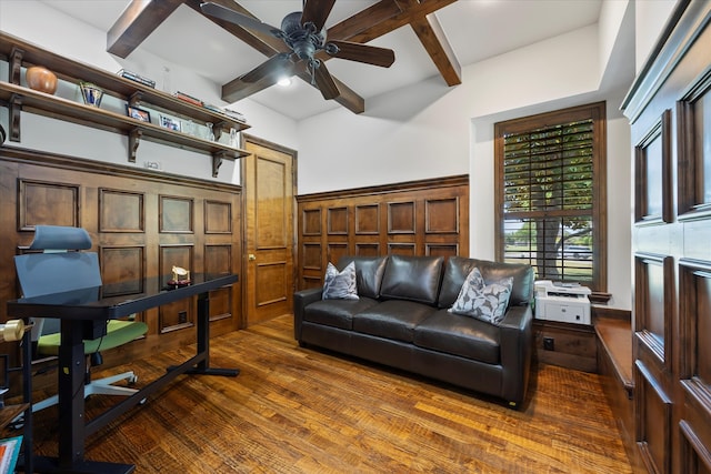 home office featuring beam ceiling, ceiling fan, and dark wood-type flooring