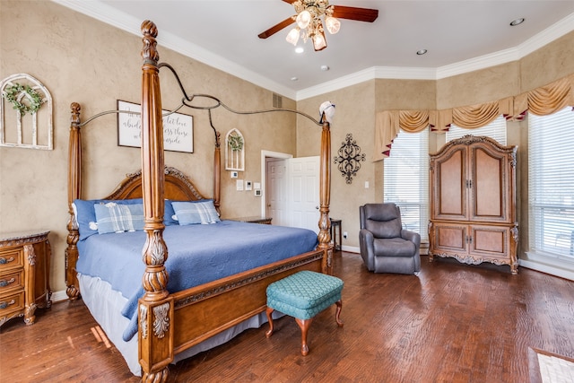 bedroom featuring ornamental molding, ceiling fan, and dark wood-type flooring