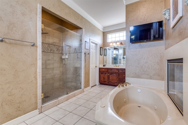 bathroom featuring plus walk in shower, ornamental molding, tile patterned floors, and vanity