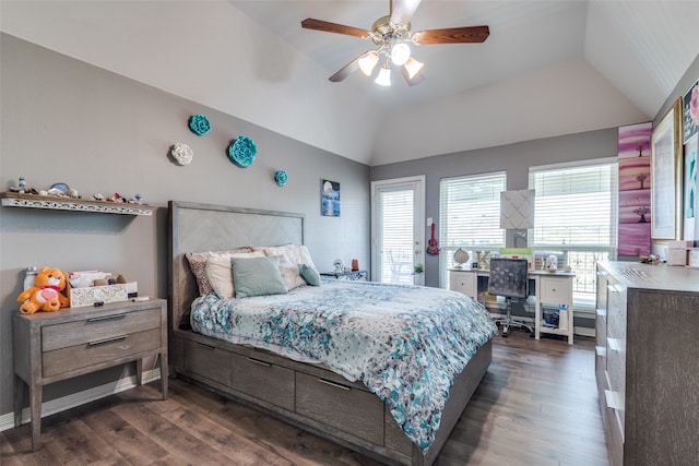 bedroom with lofted ceiling, ceiling fan, and dark hardwood / wood-style floors