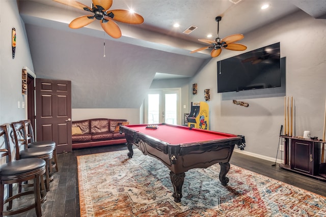 playroom featuring lofted ceiling, ceiling fan, dark hardwood / wood-style floors, and billiards