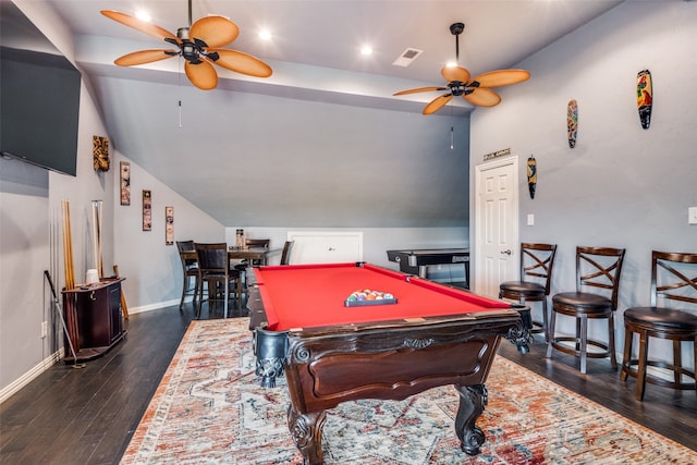 playroom featuring pool table, vaulted ceiling, dark hardwood / wood-style flooring, and ceiling fan