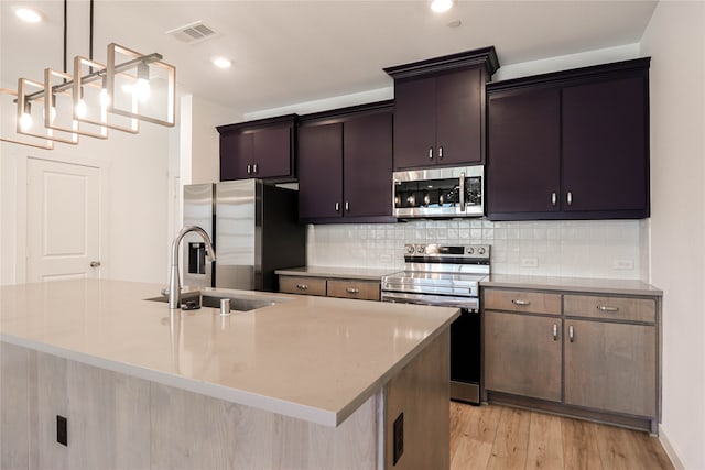 kitchen with pendant lighting, light wood-type flooring, a kitchen island with sink, decorative backsplash, and appliances with stainless steel finishes