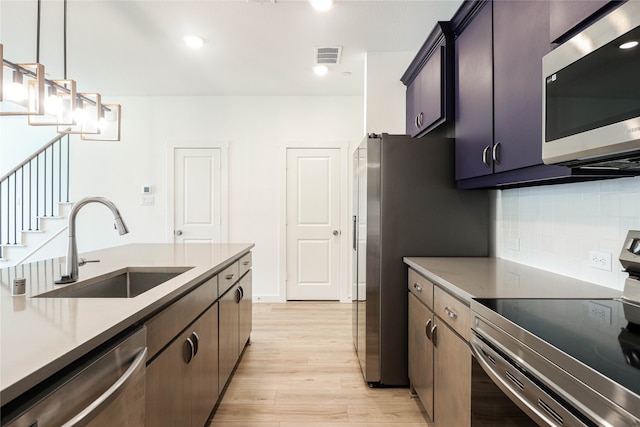 kitchen featuring hanging light fixtures, light hardwood / wood-style floors, decorative backsplash, stainless steel appliances, and sink