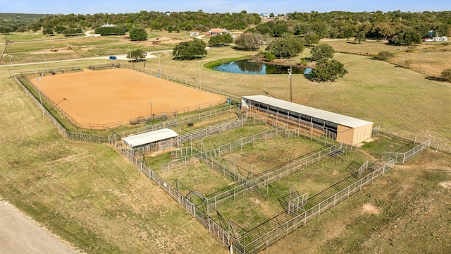 bird's eye view featuring a water view and a rural view