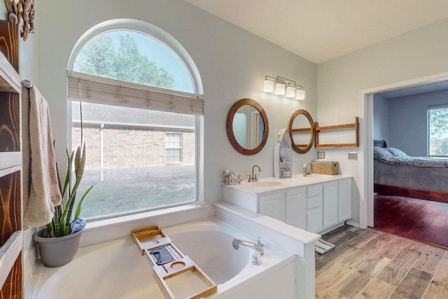 bathroom featuring wood-type flooring, a bathing tub, and vanity