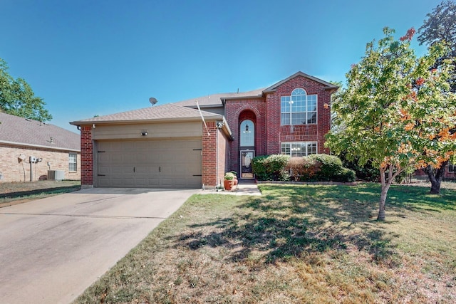 view of front facade featuring a garage, central AC, and a front lawn