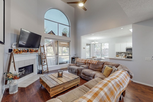 living room featuring hardwood / wood-style flooring, plenty of natural light, and a fireplace