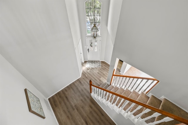 staircase featuring wood-type flooring and a towering ceiling