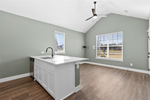 kitchen with sink, dark wood-type flooring, dishwasher, white cabinetry, and kitchen peninsula