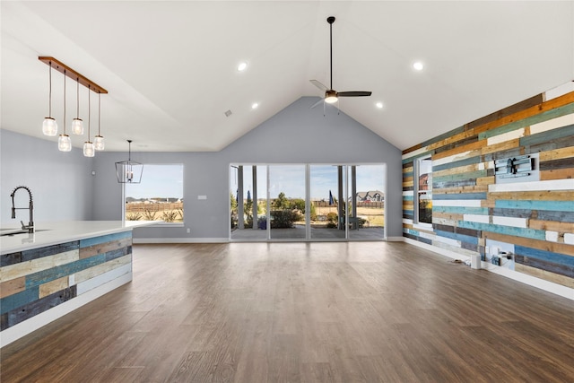 interior space featuring plenty of natural light, sink, high vaulted ceiling, and dark hardwood / wood-style floors