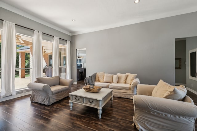 living room with dark wood-type flooring, plenty of natural light, and crown molding