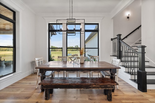 dining area featuring light hardwood / wood-style flooring, plenty of natural light, and ornamental molding