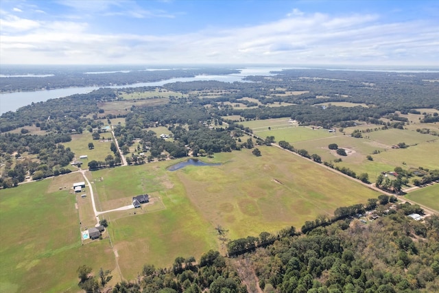 aerial view featuring a water view and a rural view