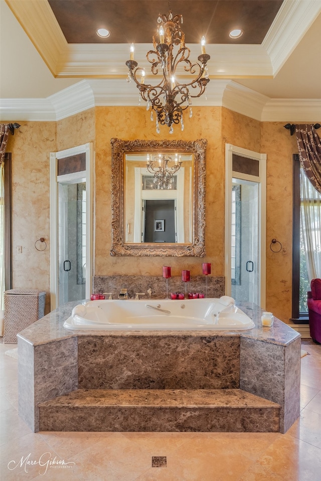 bathroom featuring ornamental molding, a chandelier, and plus walk in shower