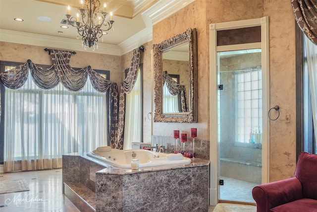 bathroom with ornamental molding, a chandelier, plenty of natural light, and plus walk in shower